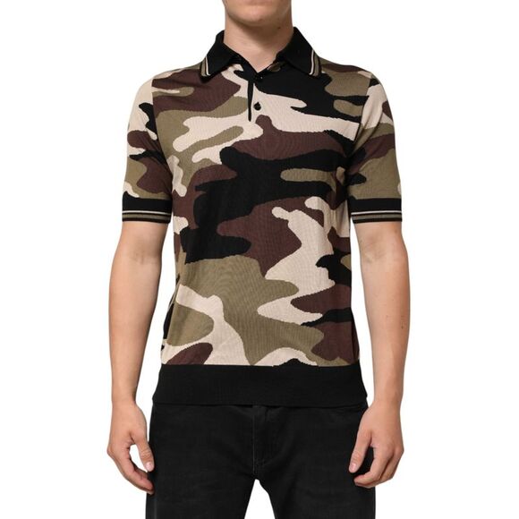 Dolce & Gabbana Camouflage Brown Silk Military Polo Men's T-shirt (Pre-Owned)